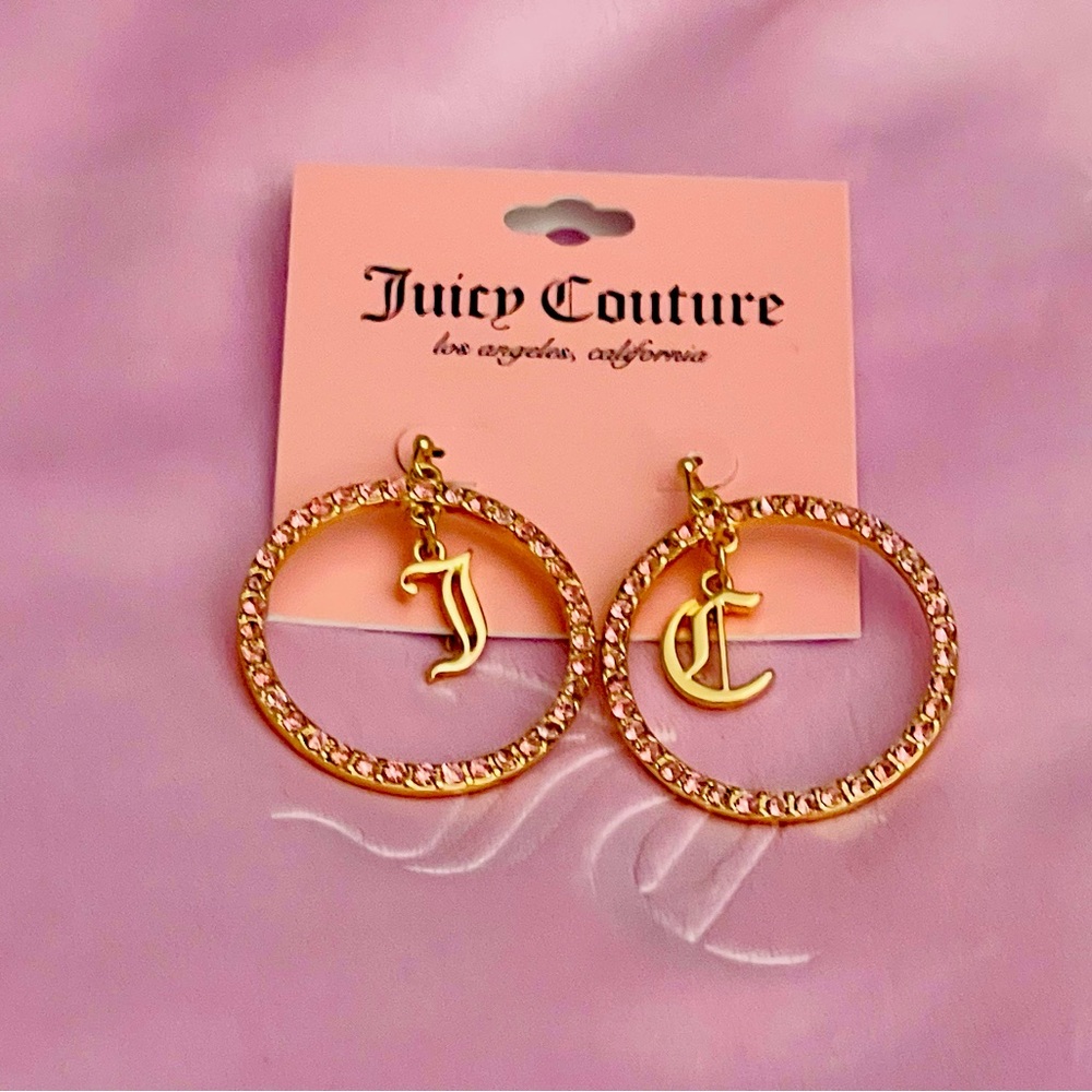 Juicy Couture J C Pink Rhinestone Gold Tone Earrings
